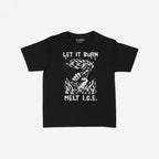 Let It Burn / Melt ICE Women's Baby Tee features a bold design of a hand holding a flaming Molotov cocktail, with LET IT BURN and MELT I.C.E. slogans, embodying a statement of resistance and activism.