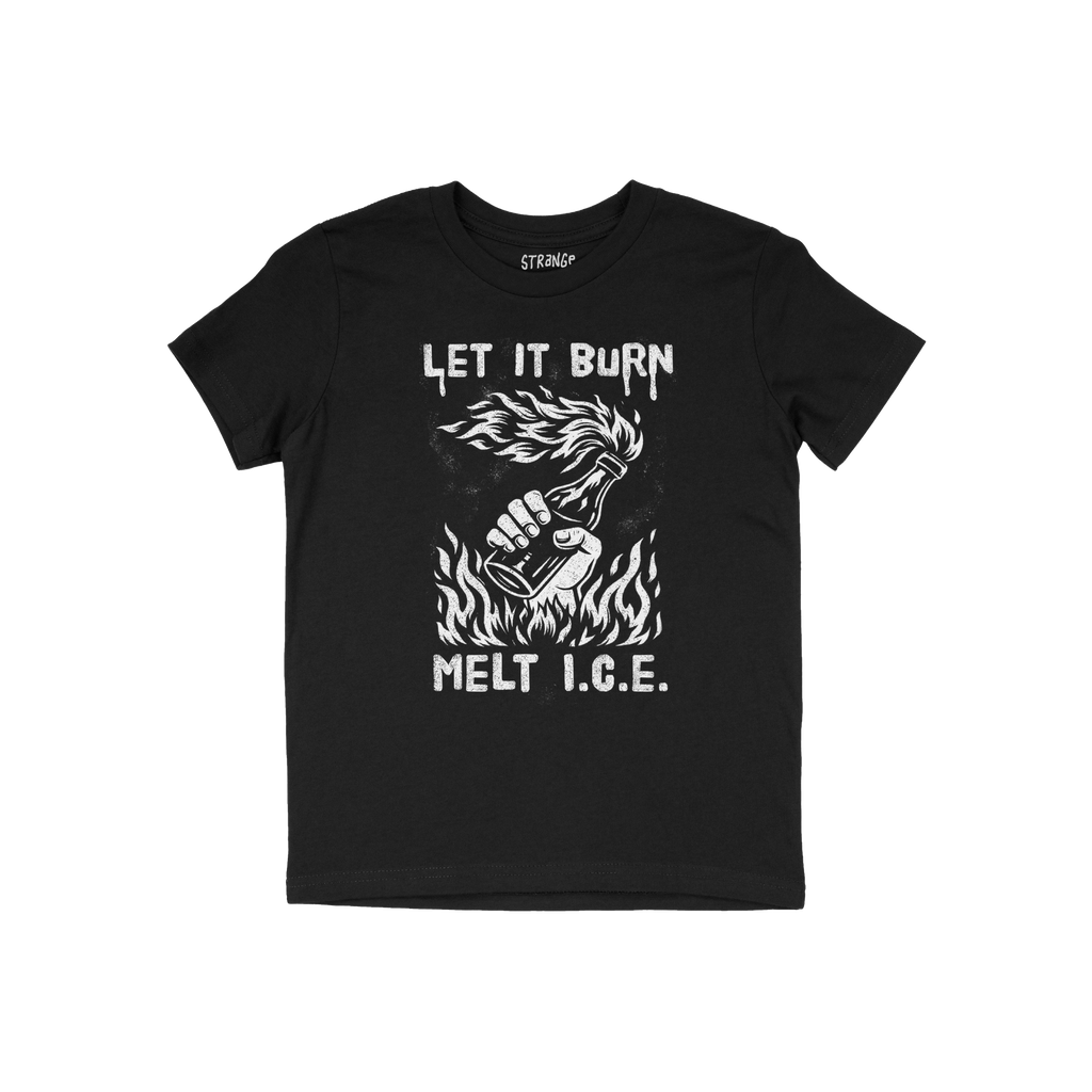 Let It Burn / Melt ICE T-shirt features a striking white graphic of a hand holding a flaming Molotov and bold slogans, embody