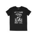 Let It Burn / Melt ICE T-shirt features a striking white graphic of a hand holding a flaming Molotov and bold slogans, embody
