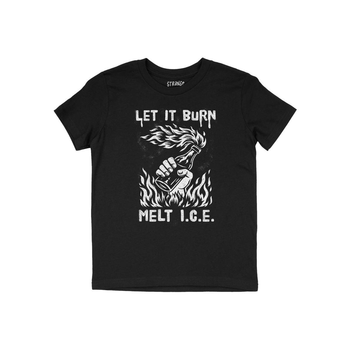 Let It Burn / Melt ICE T-shirt features a striking white graphic of a hand holding a flaming Molotov and bold slogans, embody