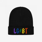 Black beanie with bold rainbow LGBT lightning bolt embroidery, called LGBTQ Rocks Hat, showcasing pride and queer joy.