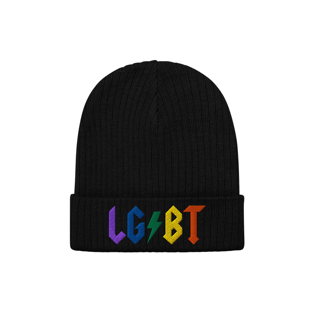 Black beanie with bold rainbow LGBT lightning bolt embroidery, called LGBTQ Rocks Hat, showcasing pride and queer joy.