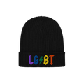 Black beanie with bold rainbow LGBT lightning bolt embroidery, called LGBTQ Rocks Hat, showcasing pride and queer joy.
