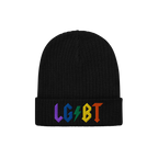 Black beanie with bold rainbow LGBT lightning bolt embroidery, called LGBTQ Rocks Hat, showcasing pride and queer joy.