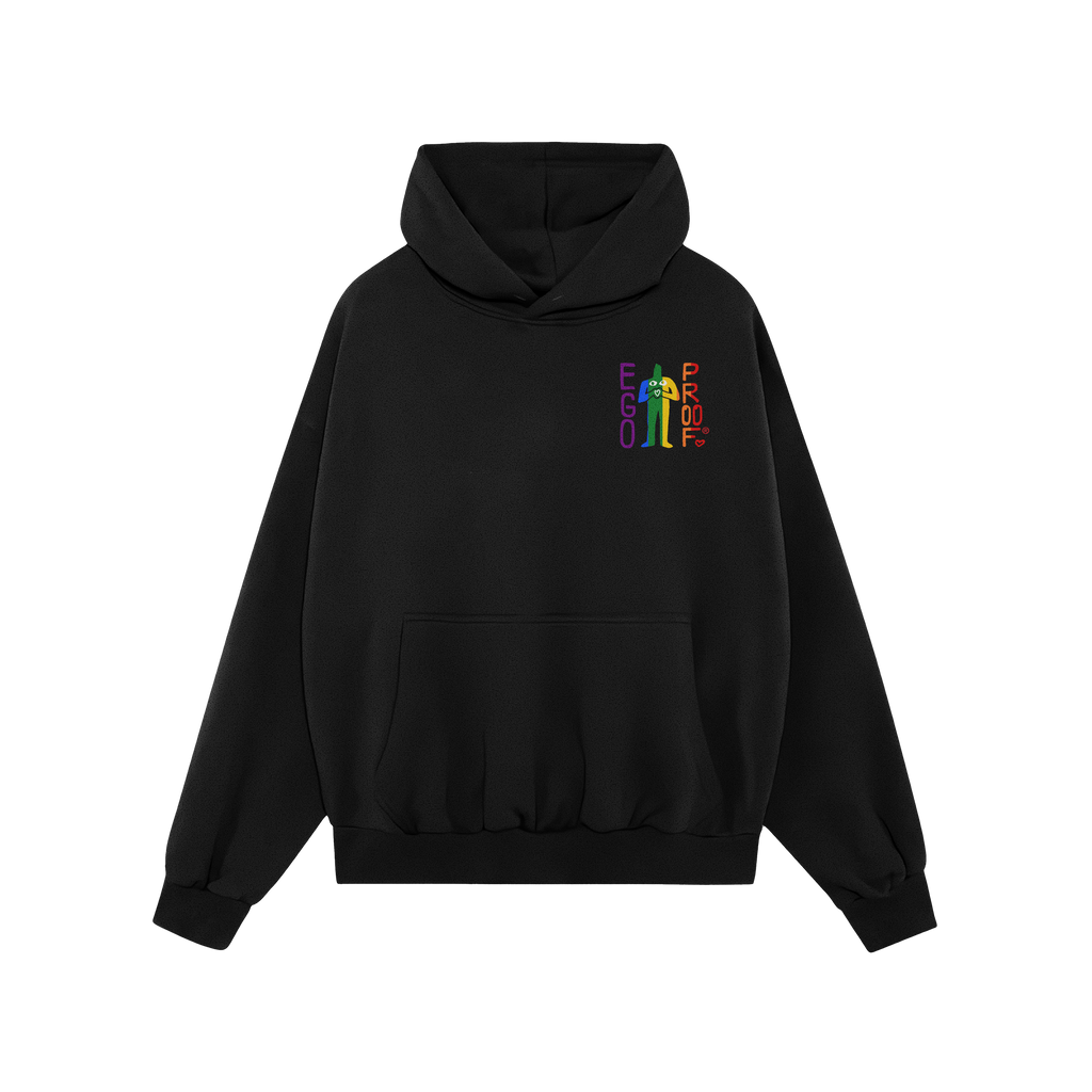 Custom Hate Has No Home Here Pride Hoodie featuring a rainbow EGO PROOF graphic. Includes kangaroo pocket and drawstring hood