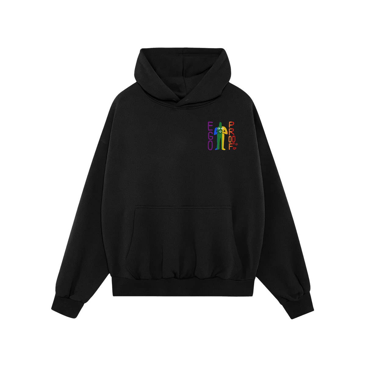 Custom Hate Has No Home Here Pride Hoodie featuring a rainbow EGO PROOF graphic. Includes kangaroo pocket and drawstring hood