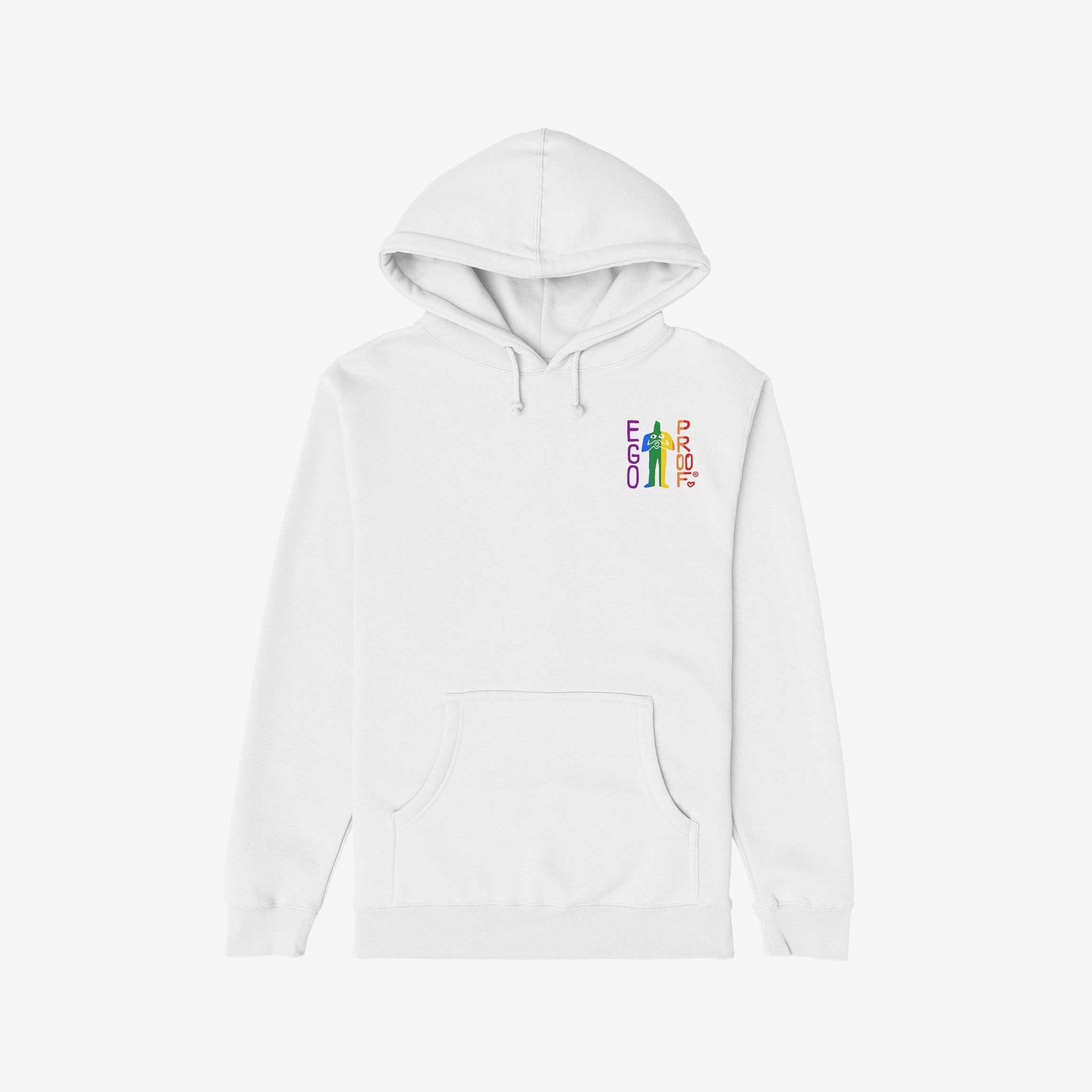 Custom Hate Has No Home Here Pride Hoodie, featuring EGO and PROOF graphics, drawstring hood, and kangaroo pocket, embodies warmth and advocacy for LGBTQ+ support and community pride.