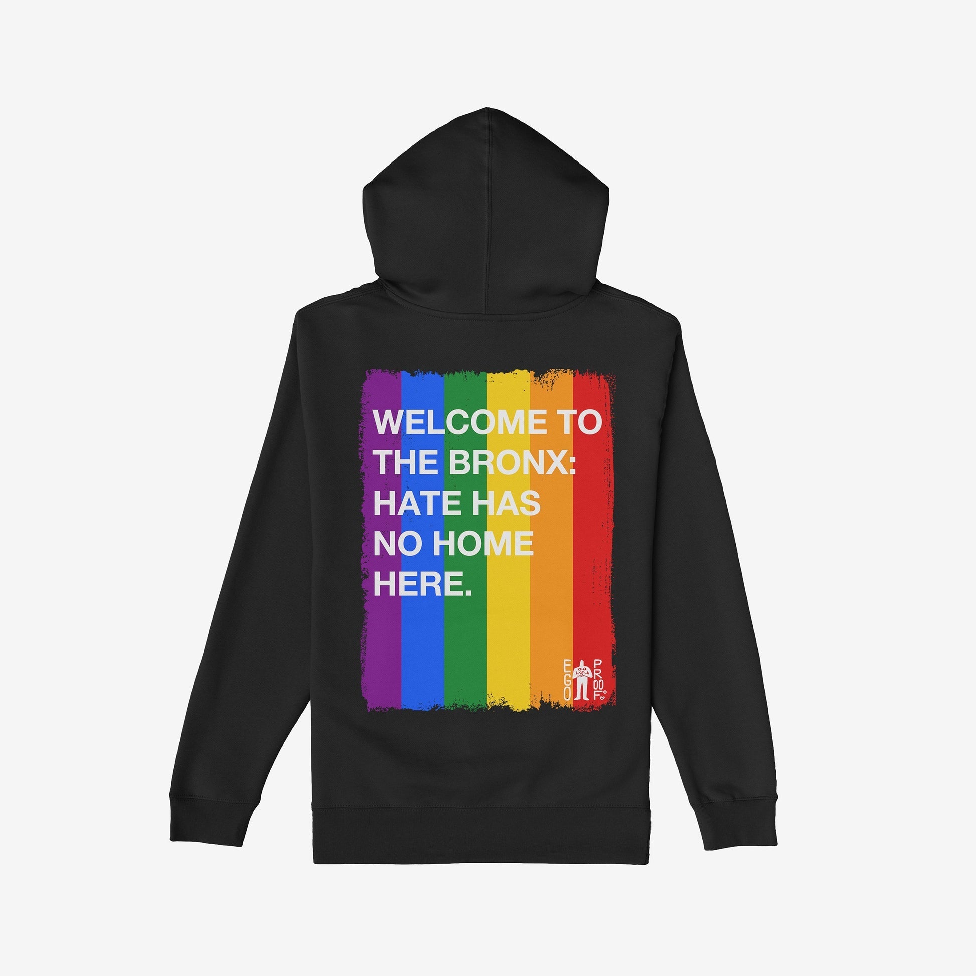 Custom Hate Has No Home Here Pride Hoodie, featuring a rainbow brush-stroke panel with a bold anti-hate slogan. Ideal for showing support for equality and the LGBTQ+ community.