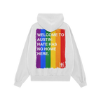 The Custom Hate Has No Home Here Pride Hoodie features a vibrant rainbow stripe and bold message on the back, embodying suppo