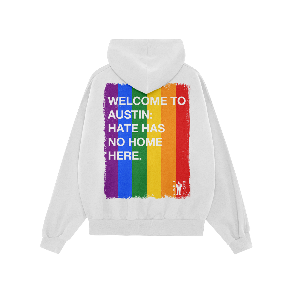 The Custom Hate Has No Home Here Pride Hoodie features a vibrant rainbow stripe and bold message on the back, embodying suppo
