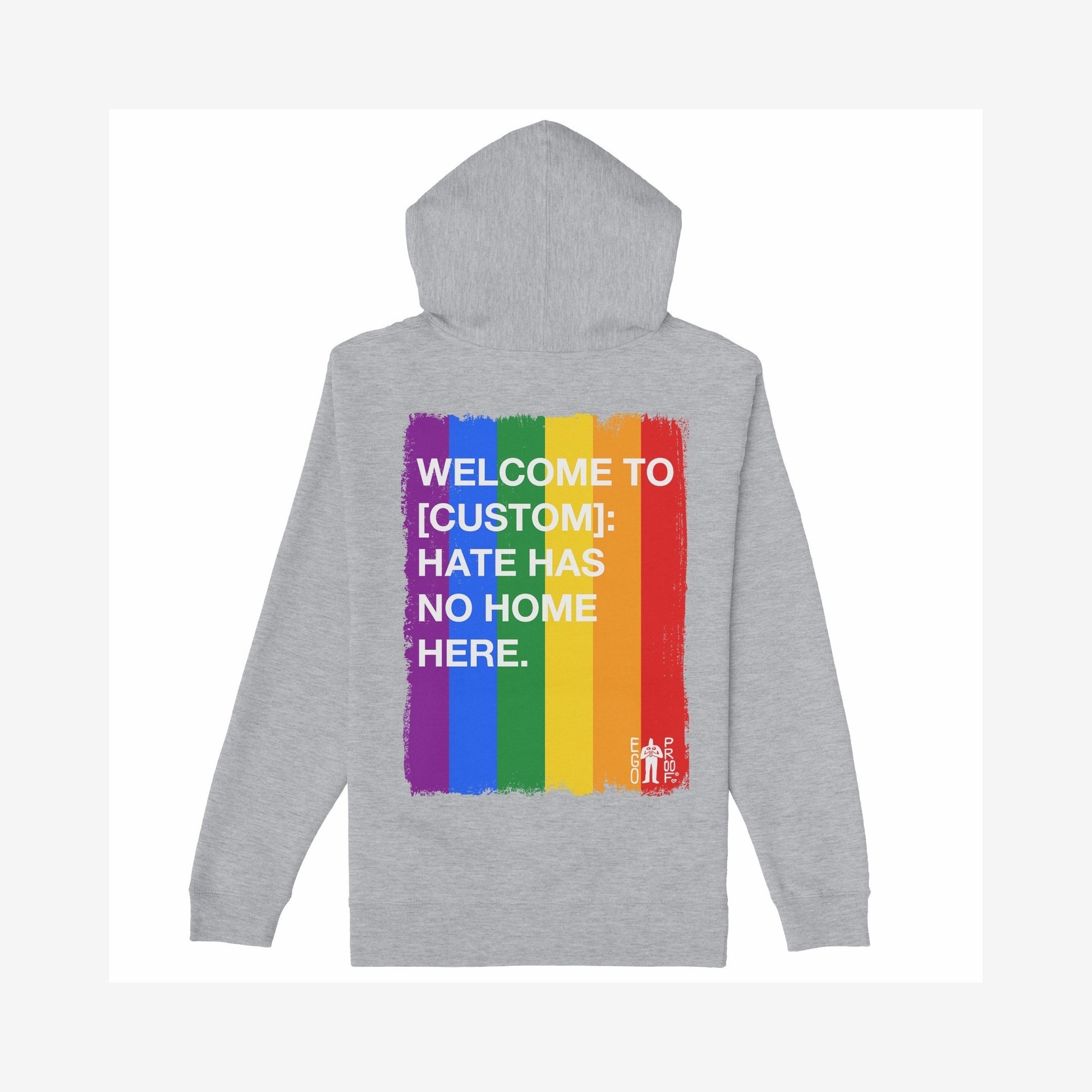 The Custom Hate Has No Home Here Pride Hoodie displays a distressed rainbow graphic with a bold, inclusive message, merging comfort with advocacy for LGBTQ+ support.