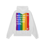 Custom Hate Has No Home Here Pride Hoodie showcasing a rainbow with anti-hate message on the back, designed for advocacy and 