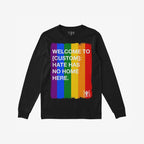 Custom Hate Has No Home Here Pride Long Sleeve T-shirt with distressed rainbow stripes and bold white text, showcasing a message of love and acceptance on a black background.