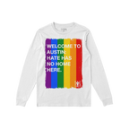 Custom Hate Has No Home Here Pride Long Sleeve T-shirt featuring a vertical brush-stroke rainbow graphic with bold text, emph