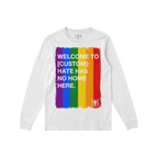 Custom Hate Has No Home Here Pride Long Sleeve T-shirt featuring a vertical brush-stroke rainbow graphic with a bold anti-hat