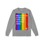 Custom Hate Has No Home Here Pride Long Sleeve T-shirt features a bold vertical rainbow stripe with an inclusive message, ide