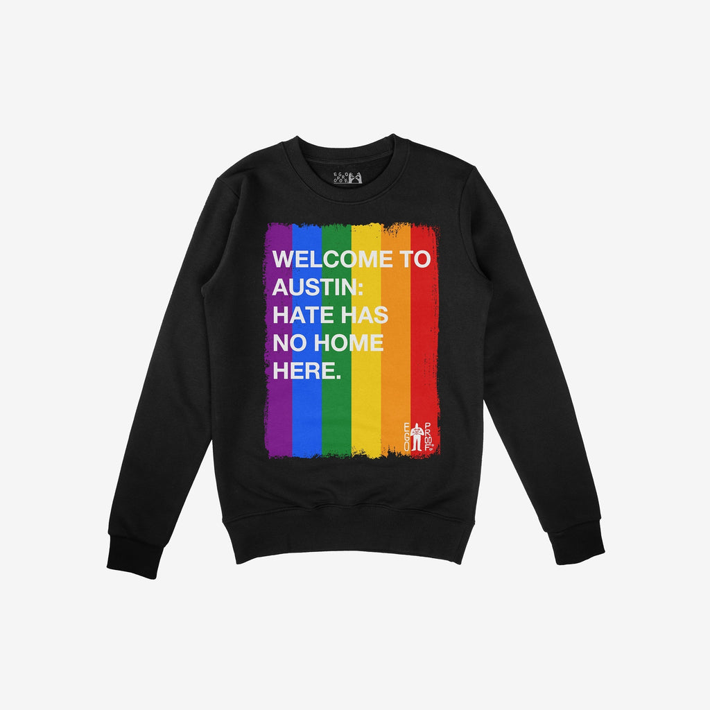 Custom Hate Has No Home Here Pride Sweatshirt with a vertical rainbow-stripe background and empowering message, embodying warmth and inclusivity. Ideal for showcasing unity and LGBTQ+ pride in style.