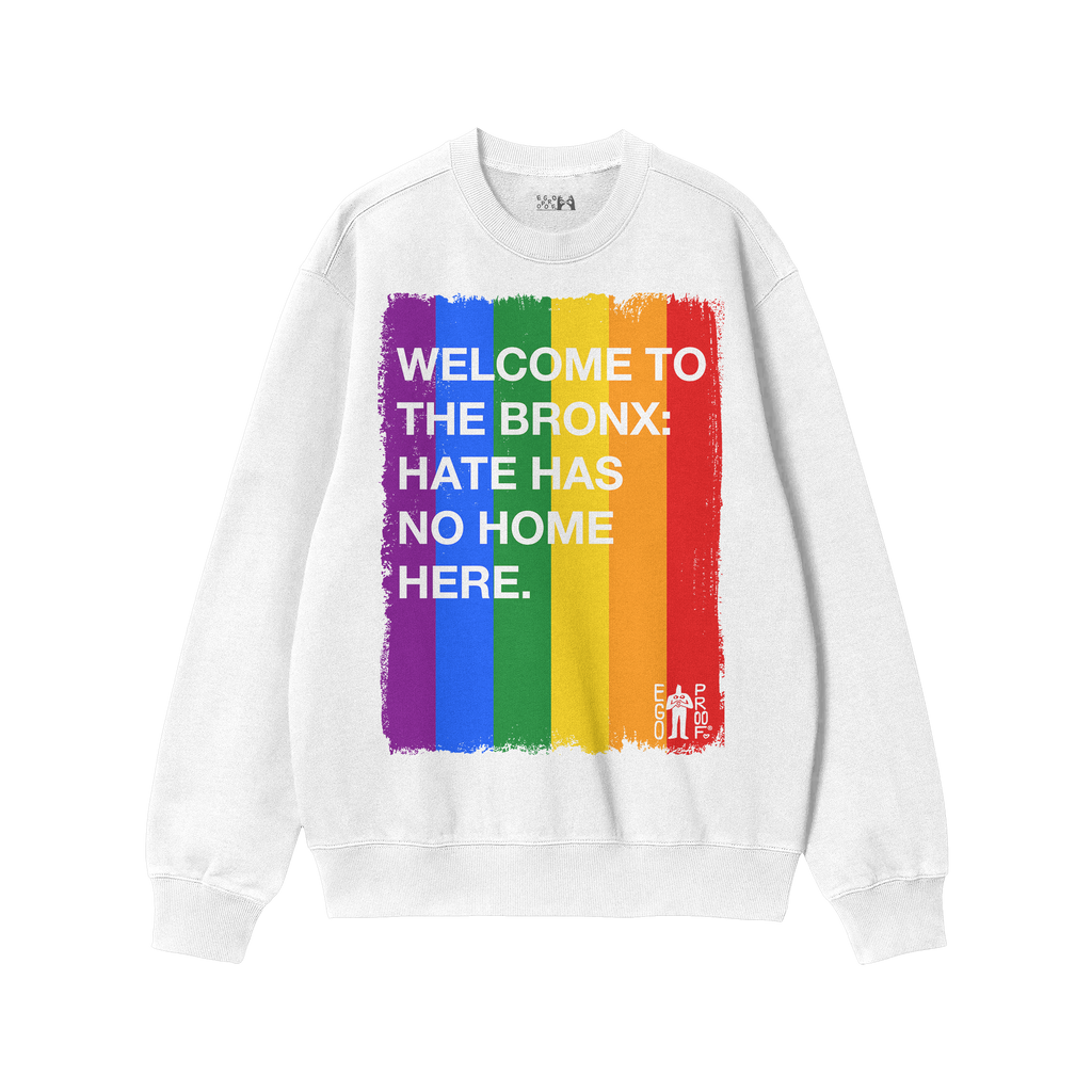 Custom Hate Has No Home Here Pride Sweatshirt features bold text over a rainbow stripe graphic. This midweight crewneck champ