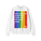 Custom Hate Has No Home Here Pride Sweatshirt featuring rainbow brush-stroke stripes and bold message, promoting inclusivity 