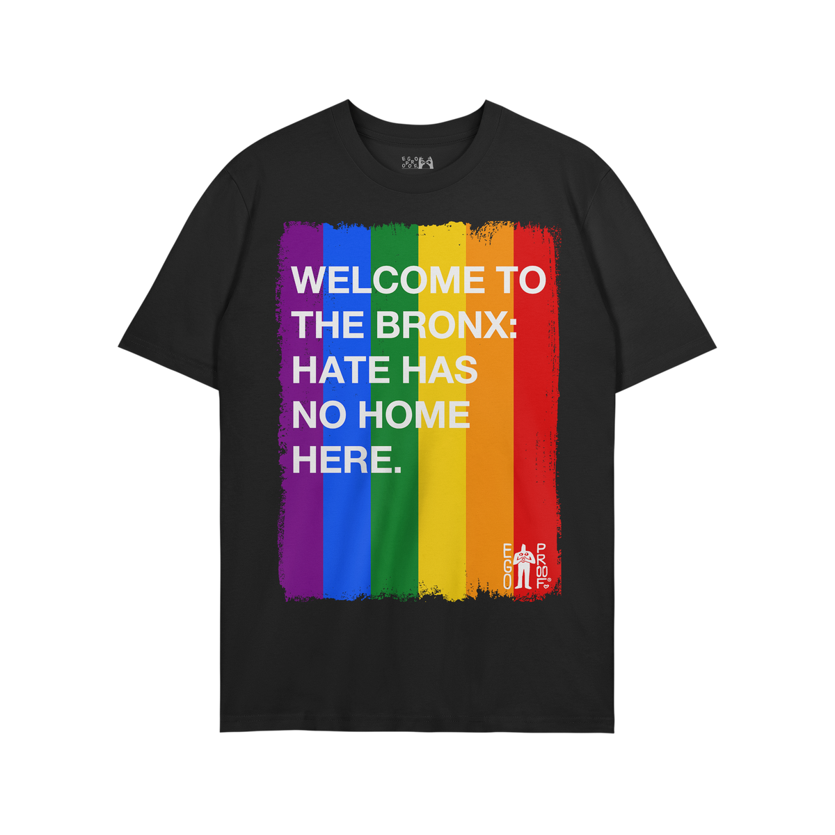 Custom Hate Has No Home Here Pride T-shirt featuring a rainbow-stripe design with white text promoting inclusivity and divers
