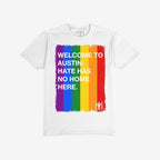 Custom Hate Has No Home Here Pride T-shirt featuring a vertical rainbow stripe design with bold white text promoting inclusion and unity, crafted for comfort and expression of community values.