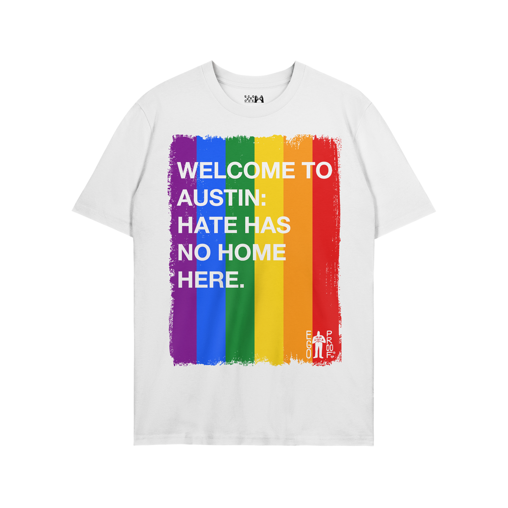 Custom Hate Has No Home Here Pride T-shirt featuring a vertical rainbow stripe design with bold white text promoting inclusio
