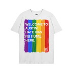 Custom Hate Has No Home Here Pride T-shirt featuring a vertical rainbow stripe design with bold white text promoting inclusio