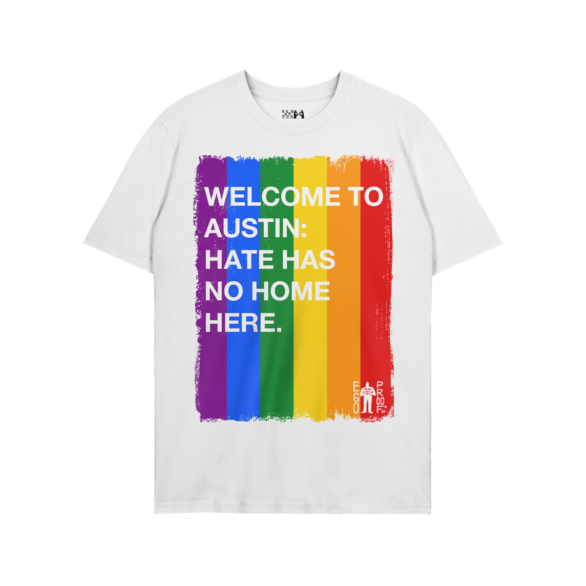 Custom Hate Has No Home Here Pride T-shirt featuring a vertical rainbow stripe design with bold white text promoting inclusio