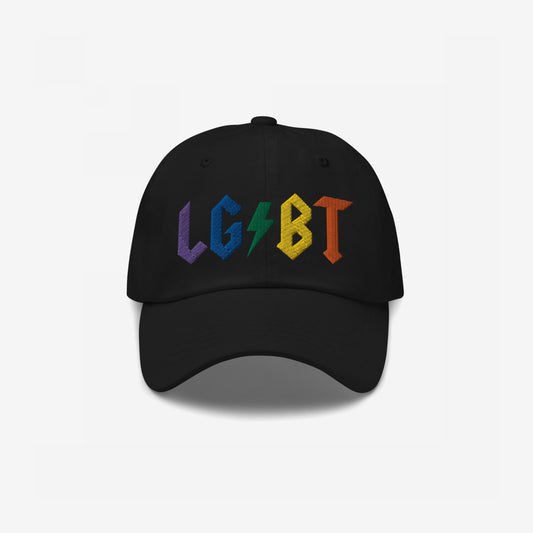 Black dad hat with rainbow embroidered LGBT letters and a green lightning bolt, titled LGBTQ Rocks Hat.