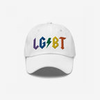 White dad hat with rainbow embroidered LGBT letters and lightning bolt, called LGBTQ Rocks Hat, celebrating pride and queer empowerment.