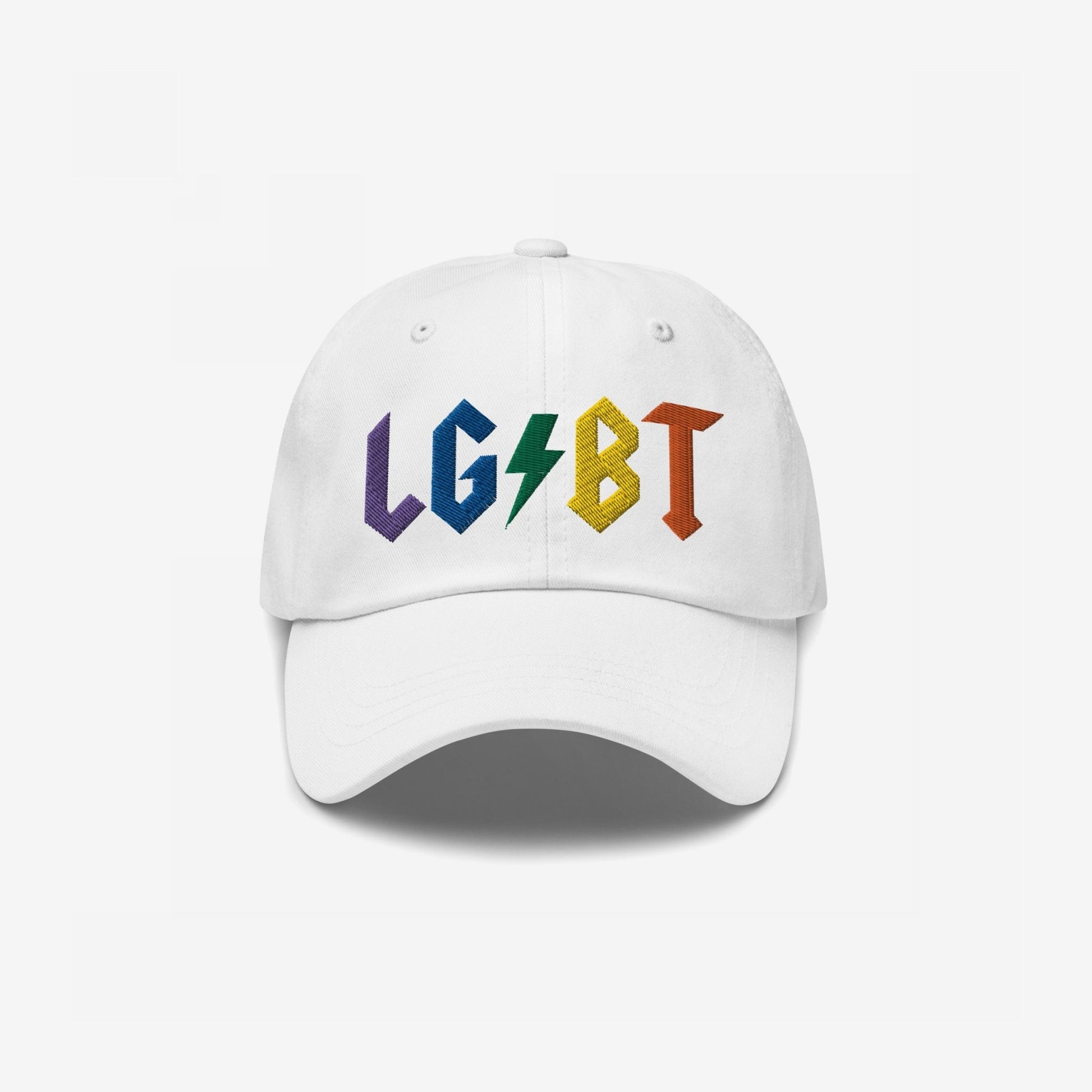 White dad hat with rainbow embroidered LGBT letters and lightning bolt, called LGBTQ Rocks Hat, celebrating pride and queer empowerment.