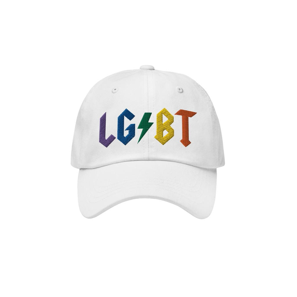 White dad hat with rainbow embroidered LGBT letters and lightning bolt, called LGBTQ Rocks Hat, celebrating pride and queer e