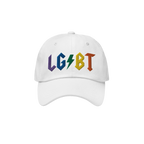 White dad hat with rainbow embroidered LGBT letters and lightning bolt, called LGBTQ Rocks Hat, celebrating pride and queer e