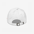 White adjustable strapback hat showing the back view of the LGBTQ Rocks Hat with metal buckle and vent holes.