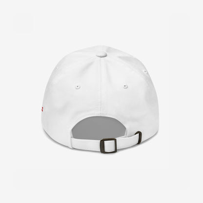 White adjustable strapback hat showing the back view of the LGBTQ Rocks Hat with metal buckle and vent holes.