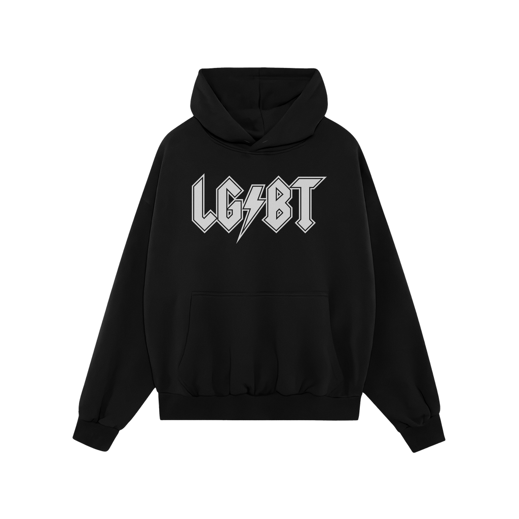 Black pullover hoodie featuring a bold L G • B T rock-band-style graphic across the chest, celebrating LGBTQ+ pride. Part o