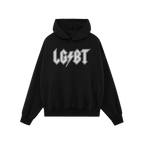Black pullover hoodie featuring a bold L G • B T rock-band-style graphic across the chest, celebrating LGBTQ+ pride. Part o