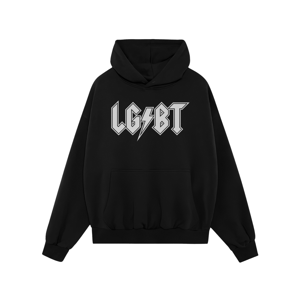Black pullover hoodie featuring a bold L G • B T rock-band-style graphic across the chest, celebrating LGBTQ+ pride. Part o