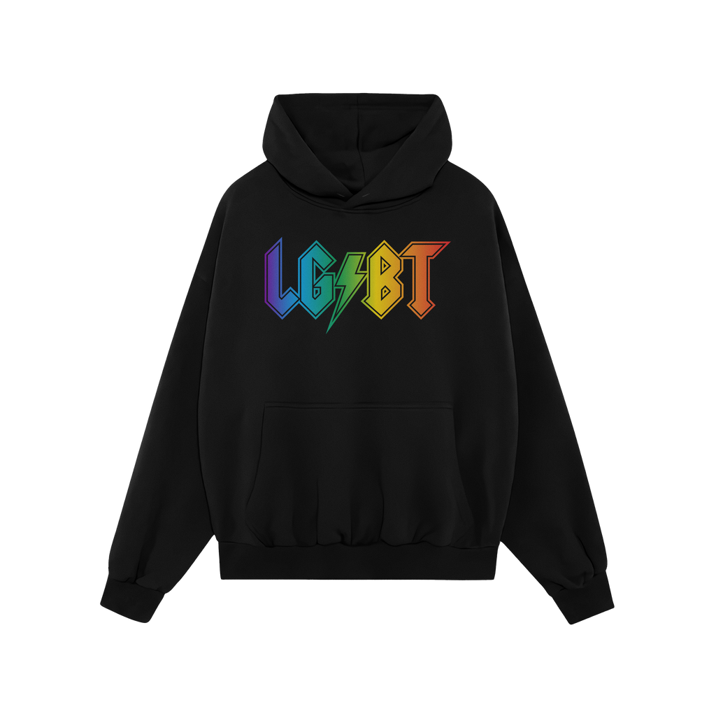 Black pullover hoodie titled LGBTQ Rocks Shirt features a rainbow gradient LG⚡BT design across the chest, emphasizing pride