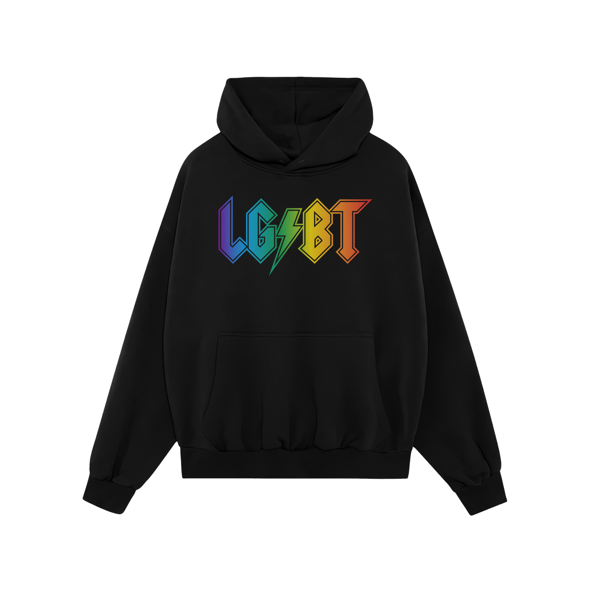 Black pullover hoodie titled LGBTQ Rocks Shirt features a rainbow gradient LG⚡BT design across the chest, emphasizing pride