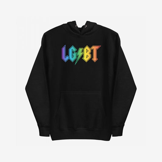 LGBTQ Rocks Hoodie features a black pullover with rainbow gradient LGBT logo, symbolizing pride and resilience. Perfect for expressing identity with energy and confidence.