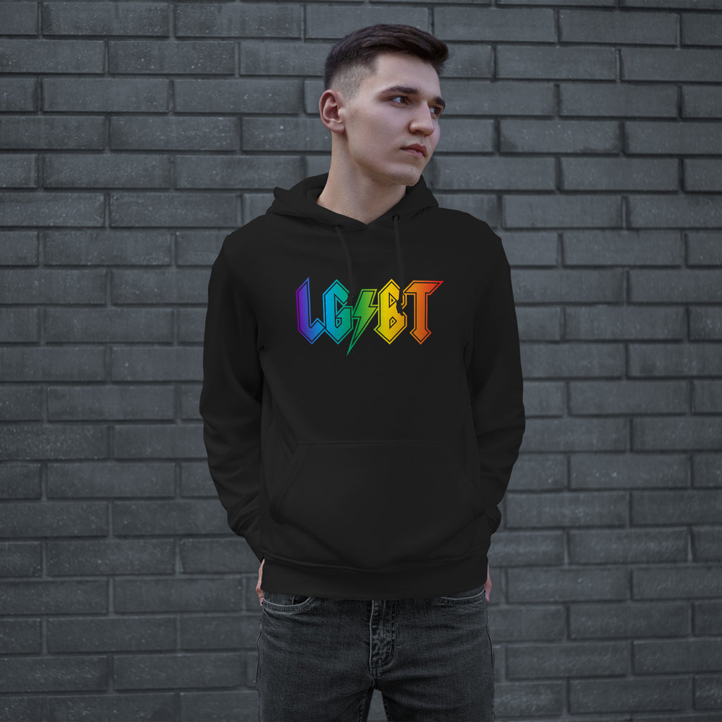 Young man wearing the LGBTQ Rocks Shirt, a black hoodie with a rainbow-gradient LGBT rock-band-style graphic, emphasizing support for the LGBTQ+ community.