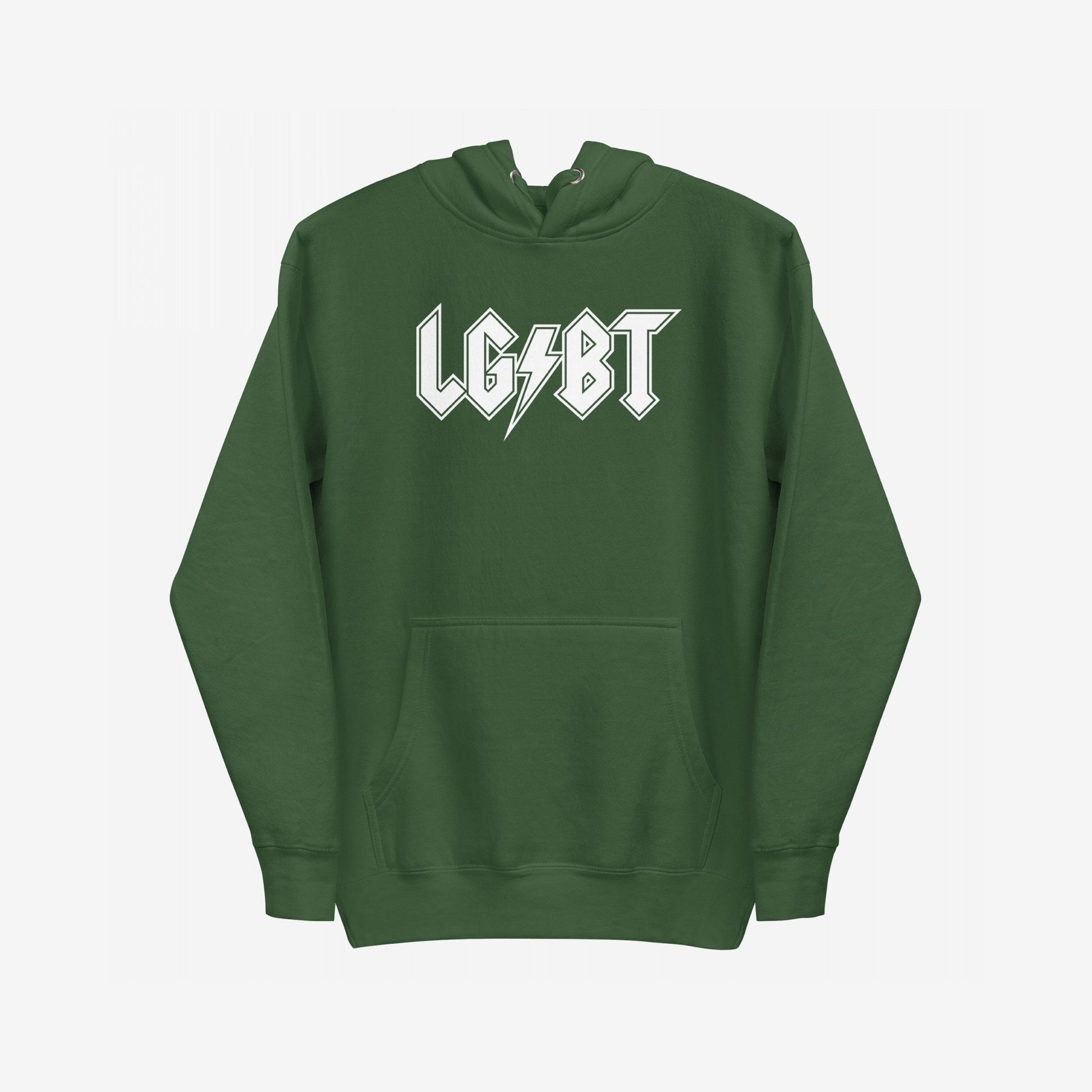 Forest-green LGBTQ Rocks Hoodie featuring bold white lettering with a lightning bolt, symbolizing pride and resilience. Ideal for protests or everyday wear, celebrating LGBTQ+ identity with rock-inspired design.