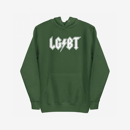 Forest-green LGBTQ Rocks Hoodie featuring bold white lettering with a lightning bolt, symbolizing pride and resilience. Ideal for protests or everyday wear, celebrating LGBTQ+ identity with rock-inspired design.