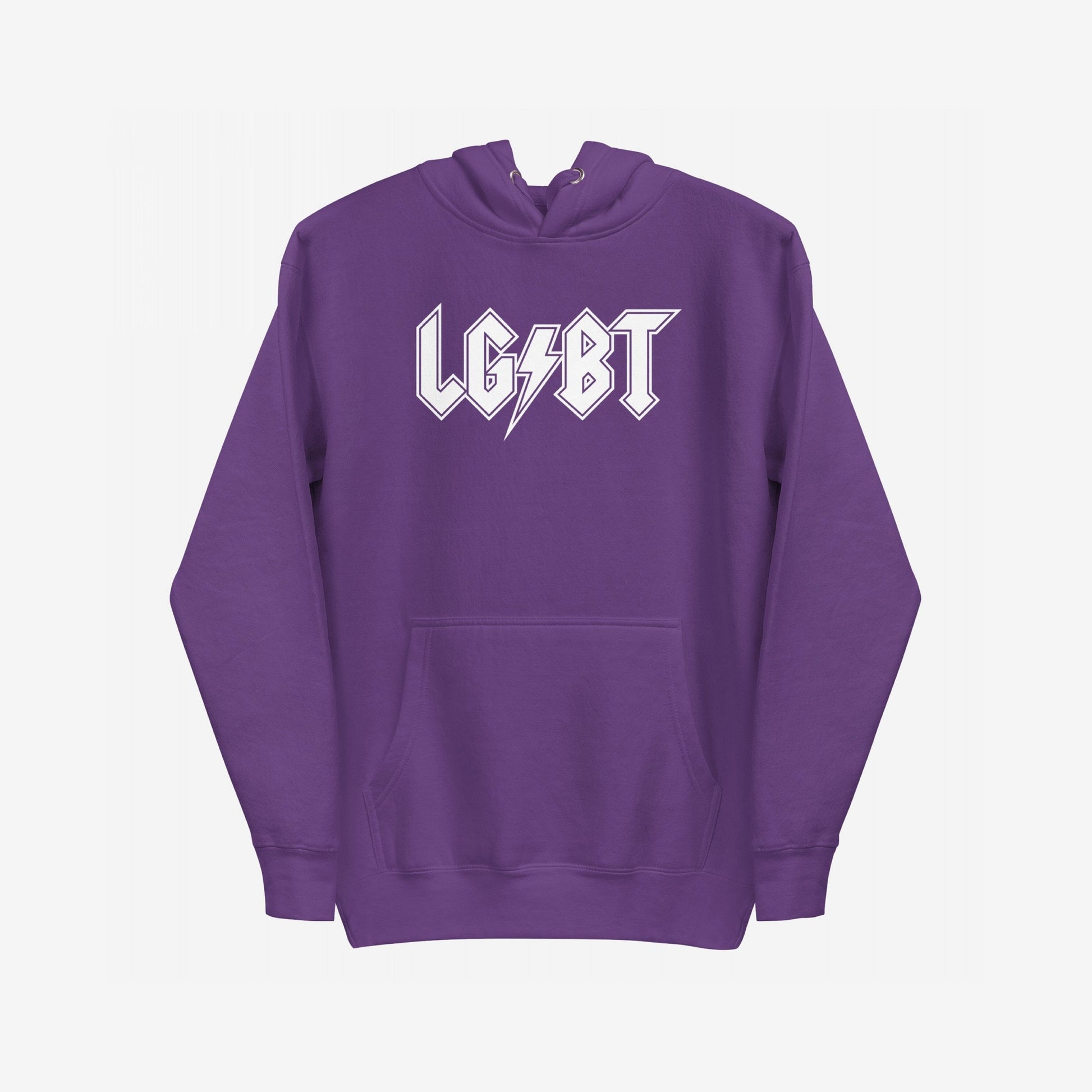 Purple LGBTQ Rocks Hoodie featuring a kangaroo pocket and bold “LG / BT” graphic with a lightning-bolt slash, embodying pride and solidarity with a rock-inspired design.