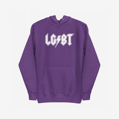 Purple LGBTQ Rocks Hoodie featuring a kangaroo pocket and bold “LG / BT” graphic with a lightning-bolt slash, embodying pride and solidarity with a rock-inspired design.