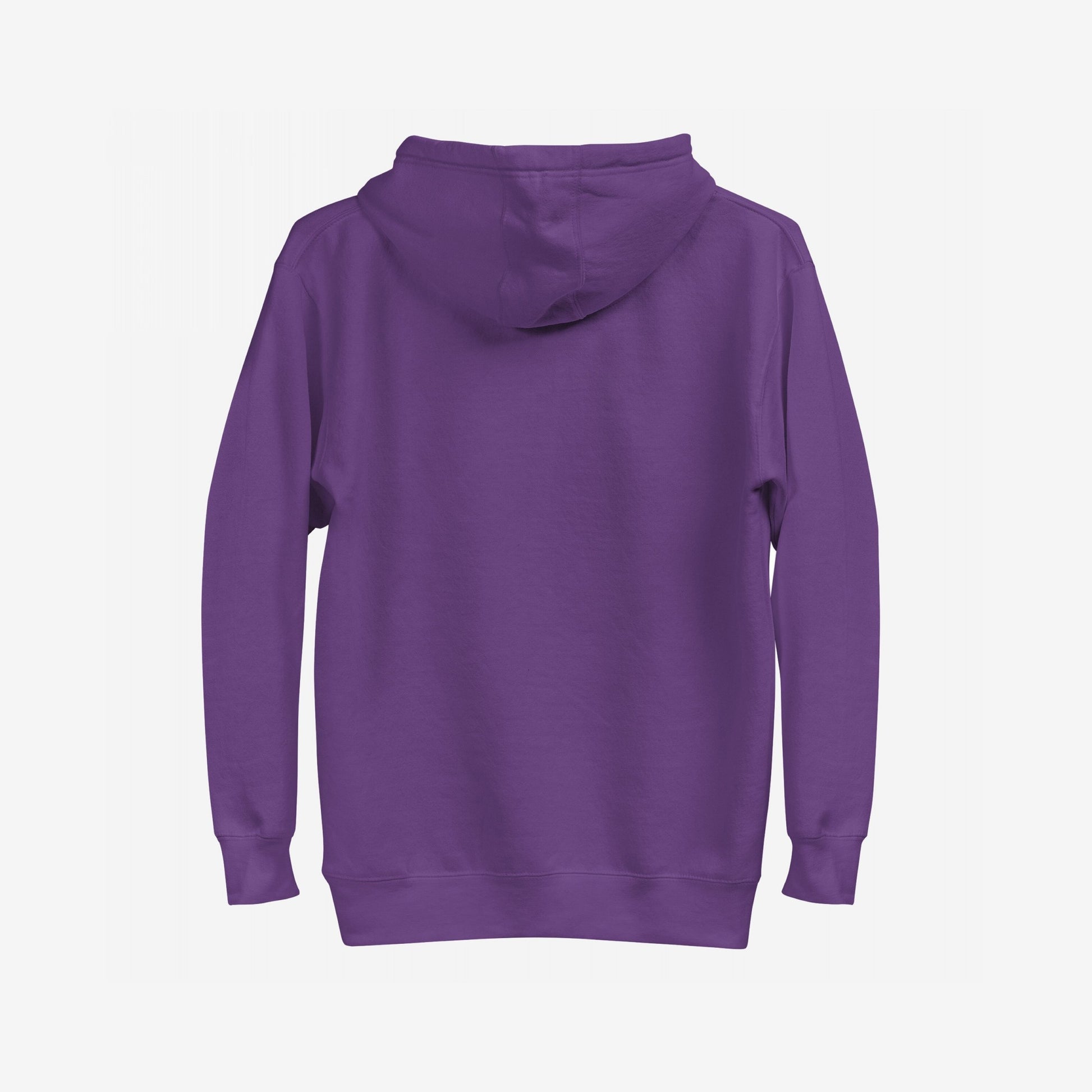 Back view of the LGBTQ Rocks Hoodie, featuring a plain purple design with a hood and ribbed details, embodying pride and resilience. Ideal for expressing solidarity and individuality.