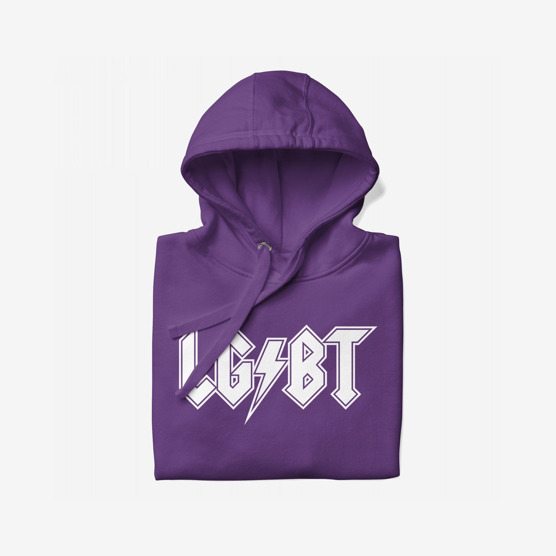 LGBTQ Rocks Hoodie featuring LGBT in bold, angular white lettering with a lightning motif, folded to reveal its pullover style with hood and drawstrings, embodying pride and resilience.