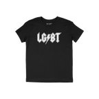 LGBTQ Rocks Shirt featuring “LG⚡BT” in bold white rock-band-style lettering on a black T-shirt, celebrating LGBTQ+ prid