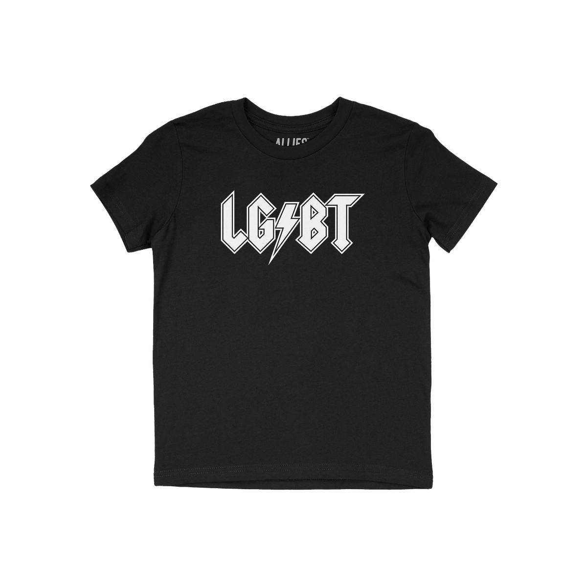 LGBTQ Rocks Shirt featuring “LG⚡BT” in bold white rock-band-style lettering on a black T-shirt, celebrating LGBTQ+ prid
